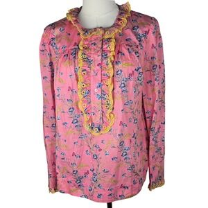 J.Crew Liberty‎ Fabric Floral Ruffle Blouse XS Pink Cotton Long Sleeve